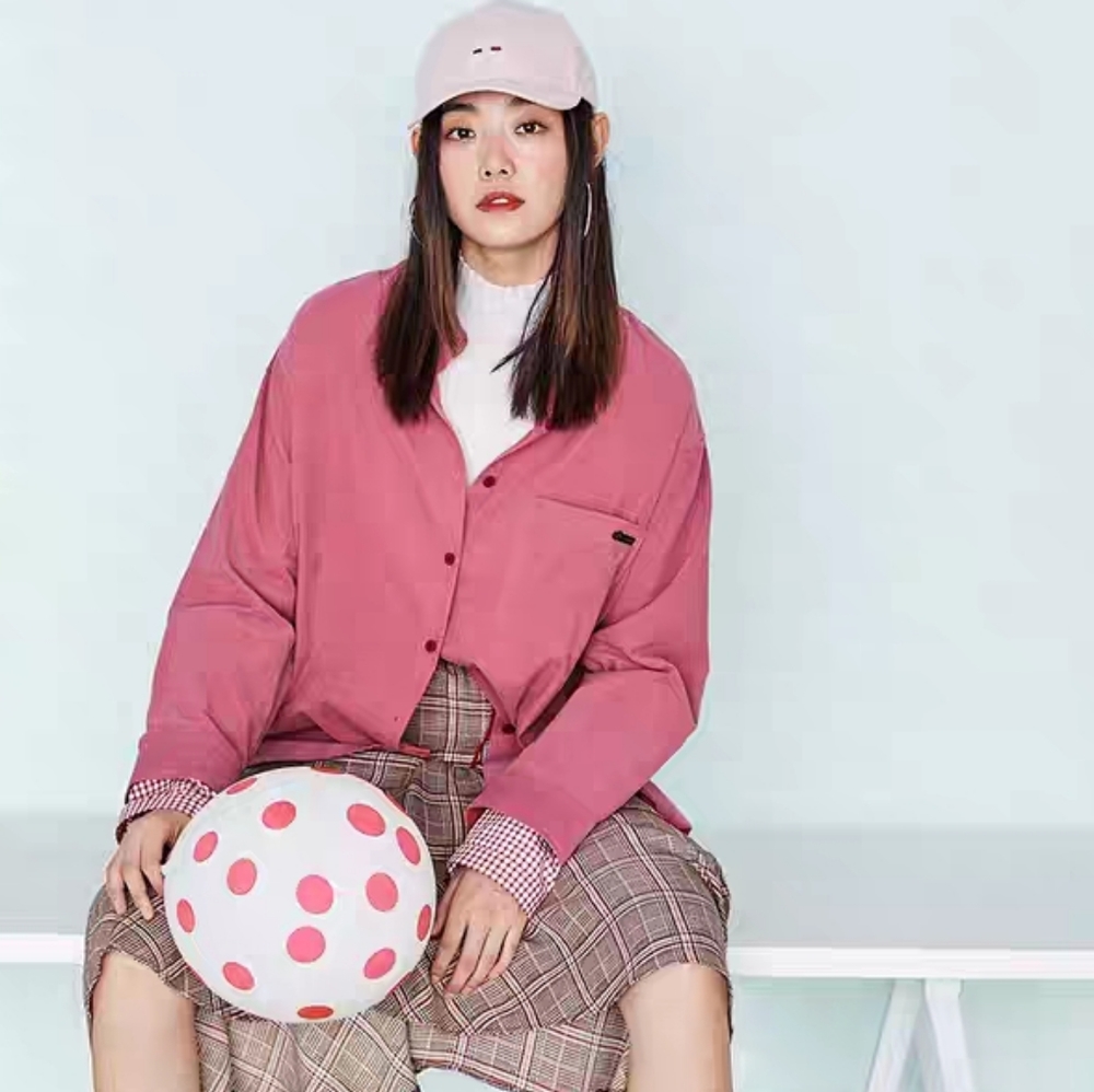 Pink corduroy shirt with red plaid cuff